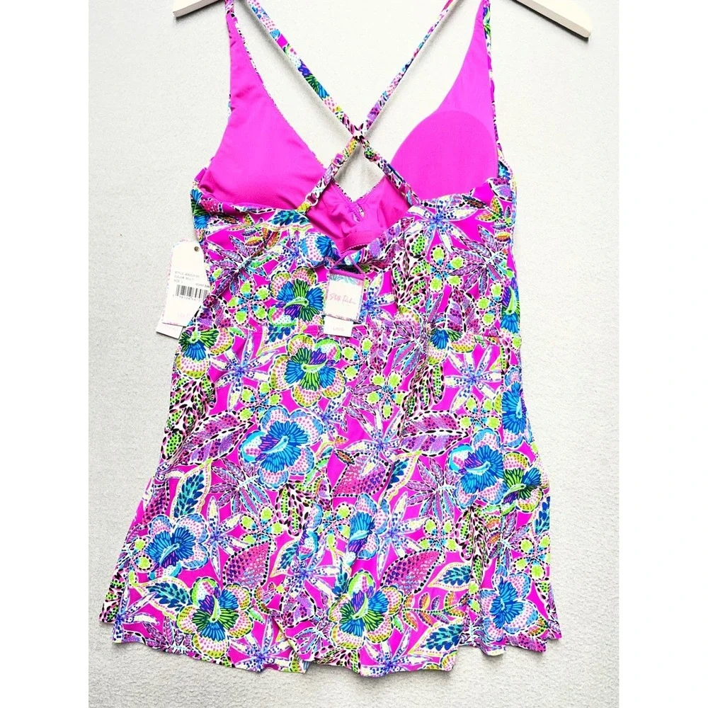 Stella Parker Floral Swim Dress Pink Multi Tummy Toner One Piece Swimsuit L NEW - Picture 4 of 12